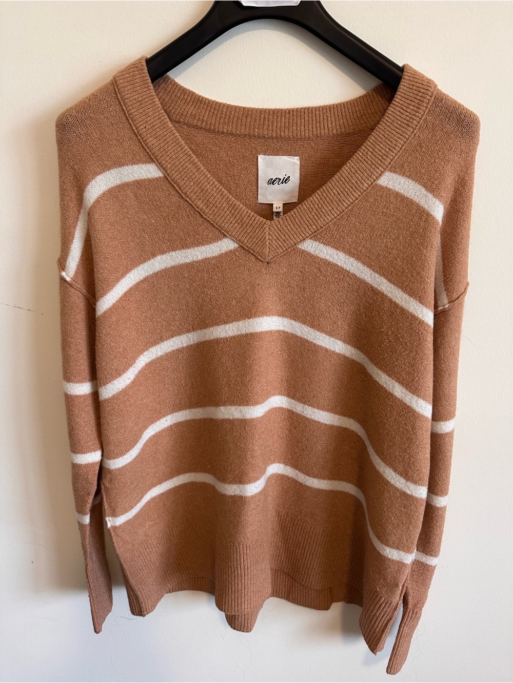 aerie Tan and White Striped V-Neck Sweater